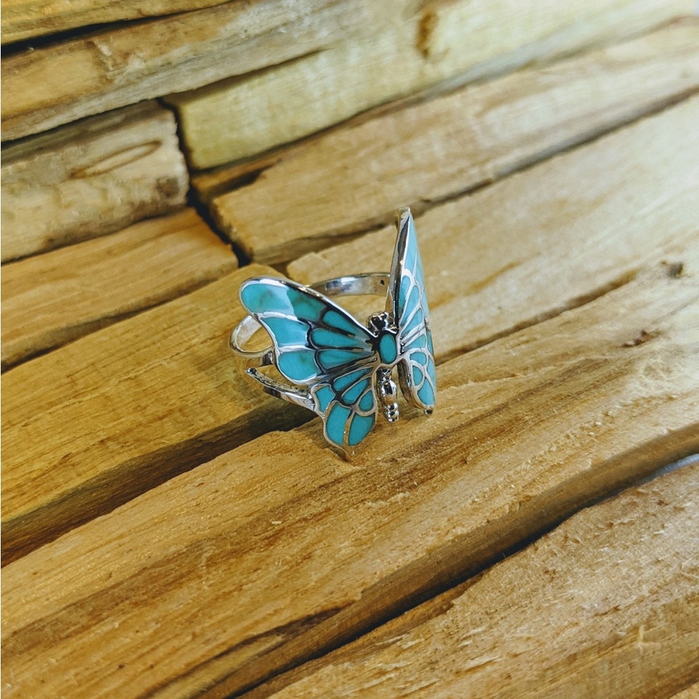 Turquoise butterfly ring, silver butterfly ring size 7